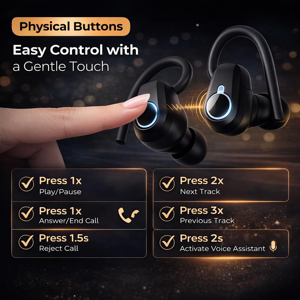 Auricolari wireless, Bluetooth 5.3, cuffie sportive, con microfono per riduzione del rumore, display a LED, 50 ore di autonomia, con ganci per le orecchie, impermeabili IP7, per palestra, corsa