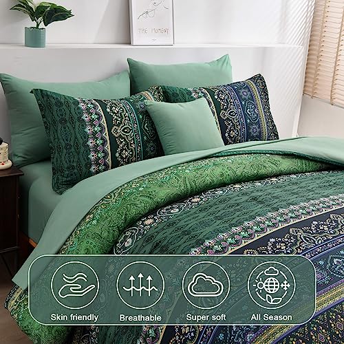 Image of Boho Green Comforter Set Queen Size,8 Piece Bed in a Bag Bohemian Striped Bedding Quilt Set,Dark green Paisley Floral Comforter and Sheet Set,Soft Microfiber Complete Bedding Sets for All Season