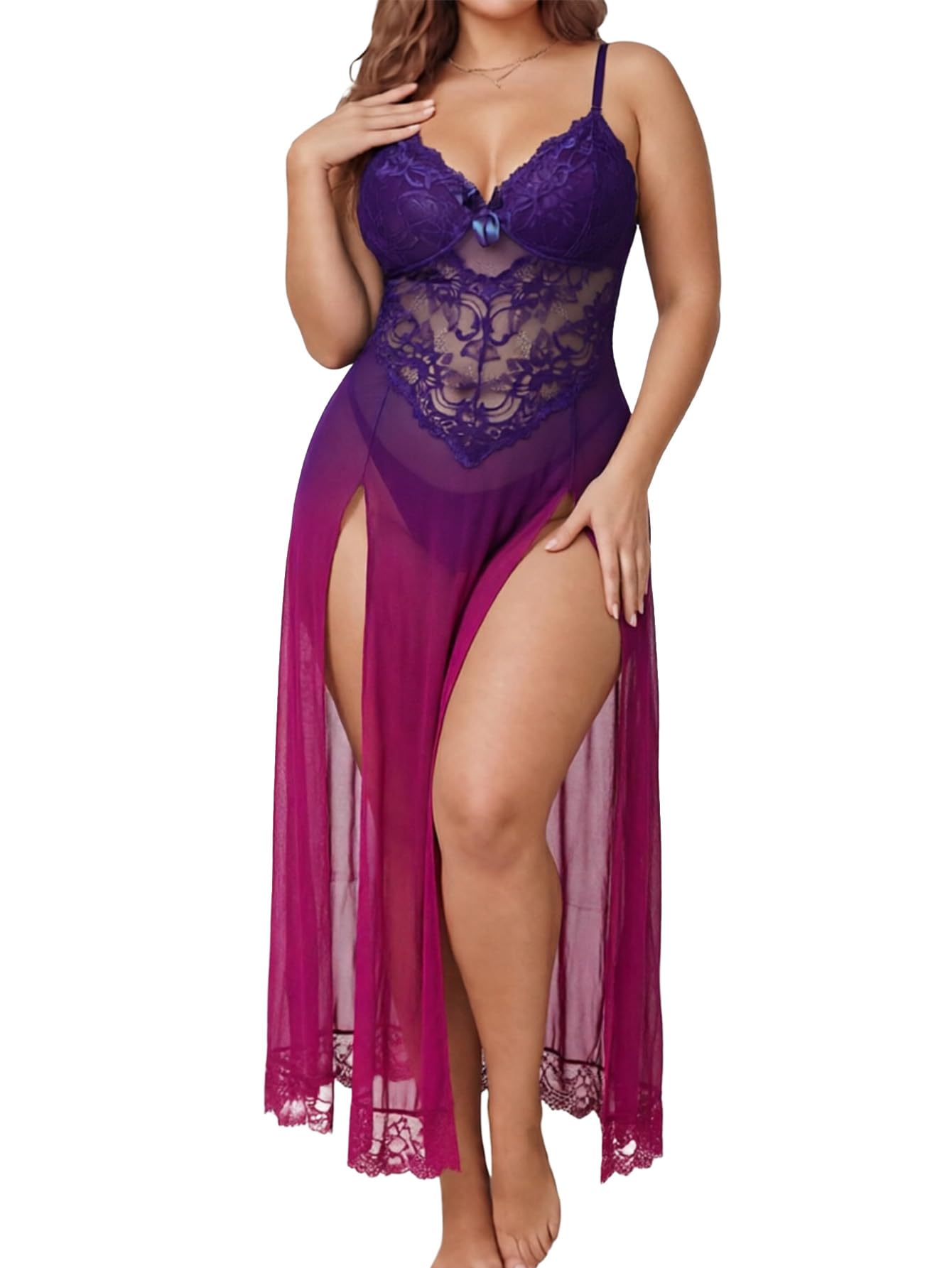 Alrovetoney Plus Size Lingerie For Women Babydoll Sexy Mesh Maxi Nightdress Exotic Sleepwear Side Slits