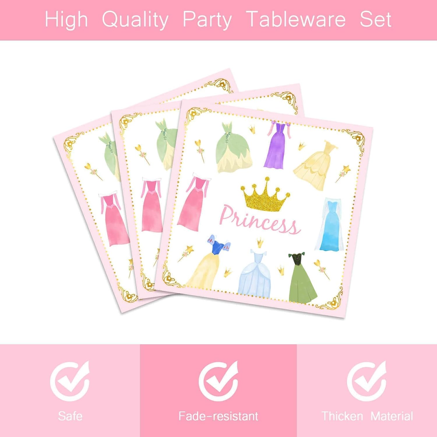 Princess 96Pcs Birthday Party Paper Plates and Napkins for Girls - 24 Dinner Plates, 24 Dessert Plates, 24 Napkins, 24 Plastic Forks - Pink, Cartoon Pattern - Girl Birthday Party Decoration - Image 4