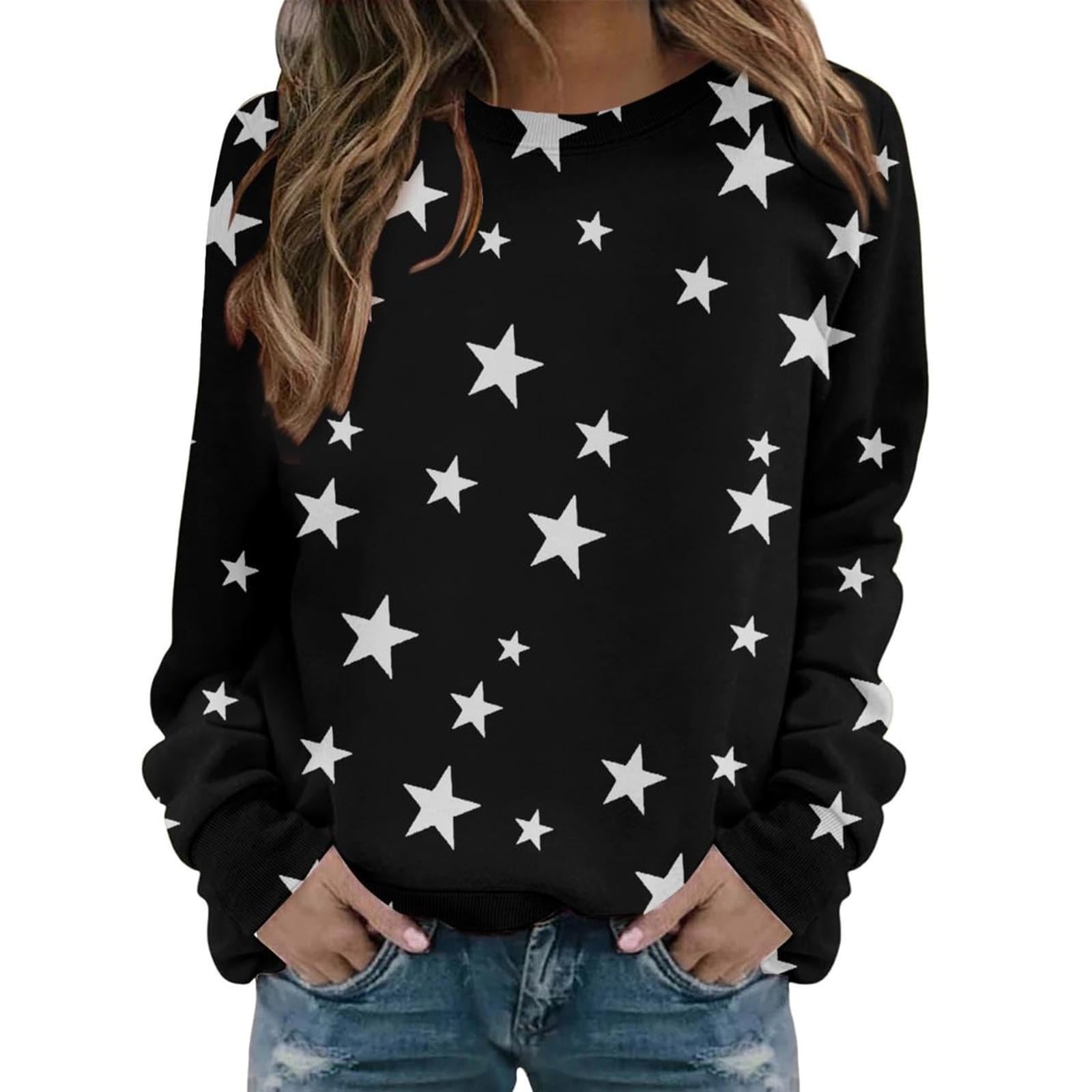 Sweatshirts for Women Long Sleeve Round Neck Star Print Pullover Tops Comfy Fall Winter Fashion Loose Fit Outfits