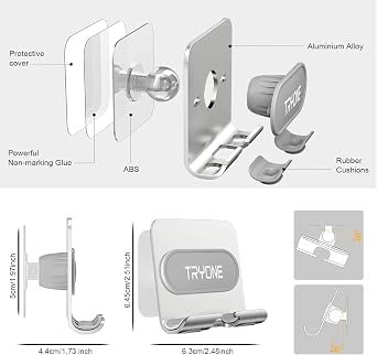 Tryone Wall Mount Cell Phone Holder - Mirror Adjustable Cellphone Stand with 2Pcs Adhesive Sticky Pads for Bathroom Bedroom Kitchen or Dorm, Compatible with iPhone Series or Other Smartphones