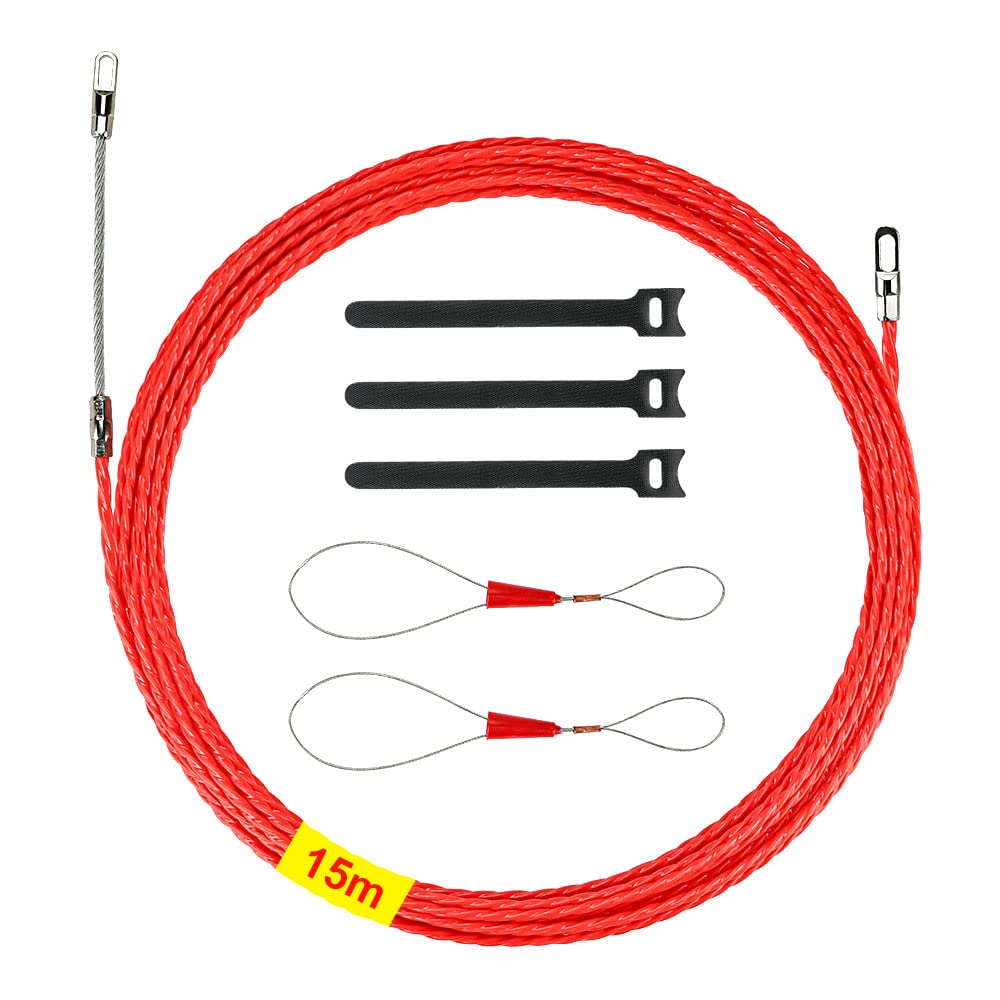 15m Fish Tape Through Wall Cable, 4.5mm Polyester Wire Puller for Laying Cable, Electrical Wire Threader Cable Puller with 2 Guide Springs and 3 Cable Ties