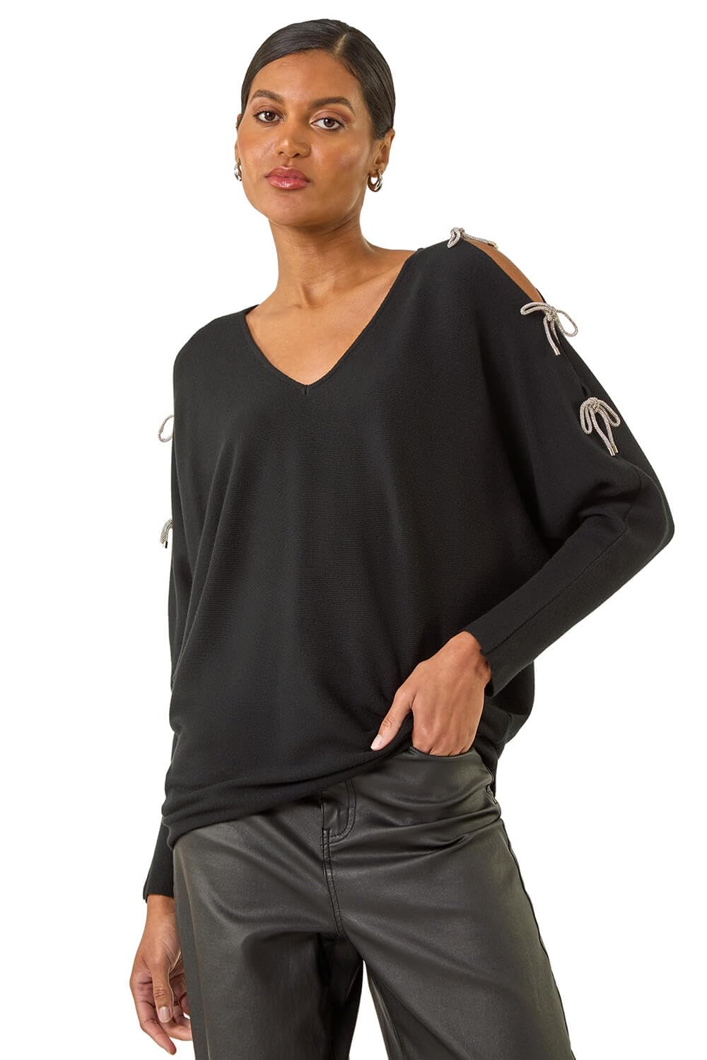 Roman Women's Black Bow Sleeve V-Neck Knit Jumper In