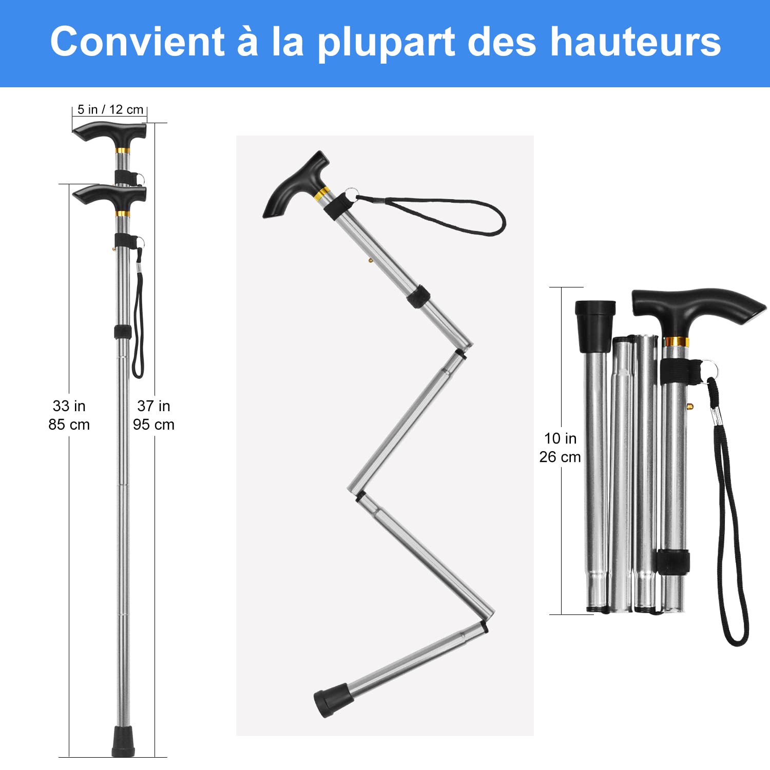 supregear Canne Pliante, Hauteur Réglable à 5 Niveaux Canne de Marche Légère Portable Bâtons de Voyage avec Dragonne et Poignée en T pour Personnes Âgées Handicapées Hommes Femmes - 2
