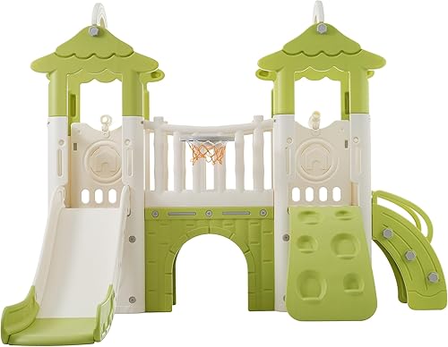 Miniatura 8 de Merax Tobogán de selva 8 en 1 para niños pequeños, tobogán infantil para interiores y exteriores con aro de baloncesto, telescopio y pared de