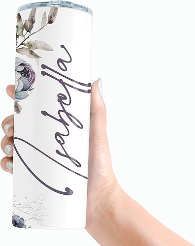 Miniatura 2 de Vaso delgado con nombre personalizado de 20 onzas con popote de doble pared (floral #2)