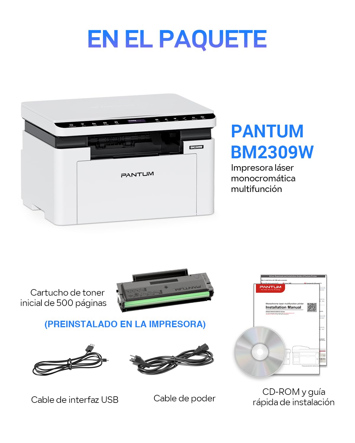PANTUM Impresora Multifunción Láser Monocromo WiFi (BM2309W, BM2300W), Impresión, Copia, Escaneo, para Oficina y Hogar (A4, 20 ppm, Wi-Fi Direct, USB 2.0, Bluetooth, AirPrint, Mopria)