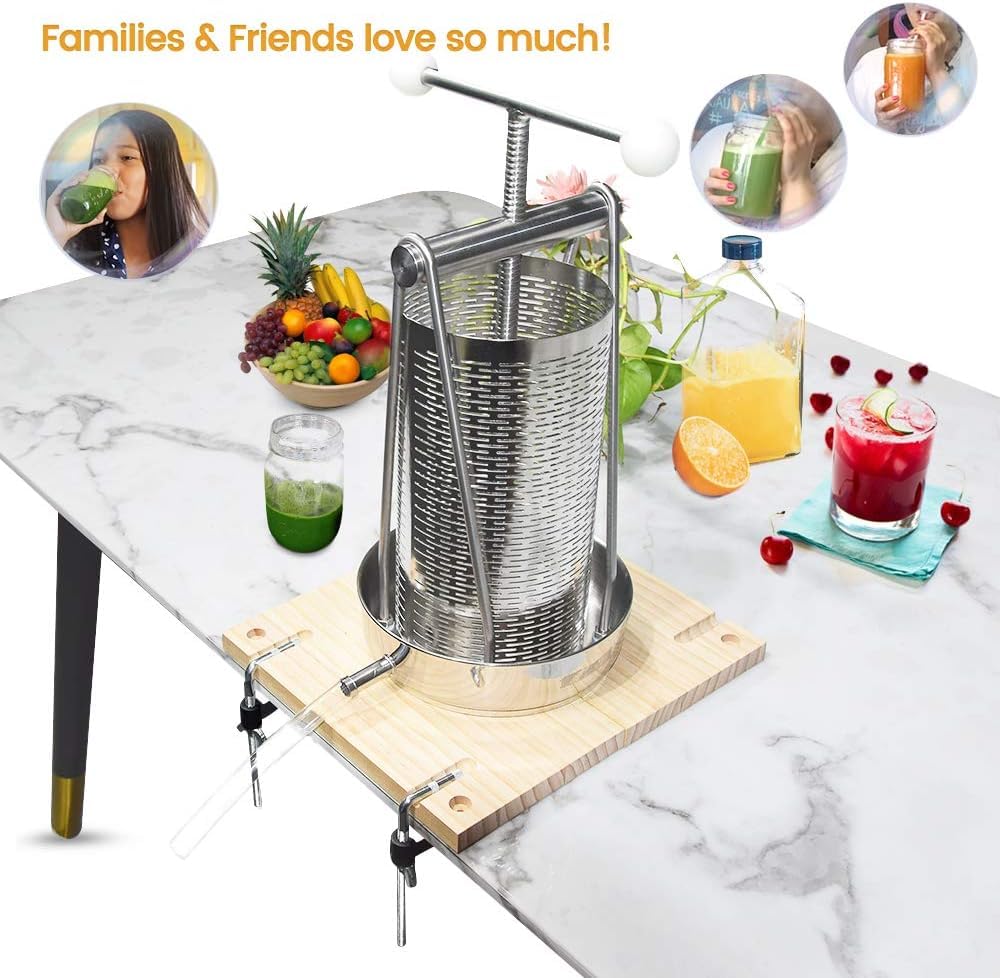 SQUEEZE Master Manuelle Tischpresse für Obstwein, Tinktur, Kräuterkäse und Apfelwein – 5 Liter – Edelstahl-Kompaktpresse mit kraftsparendem Griff – für Saft, Nussmilch und Olivenöl