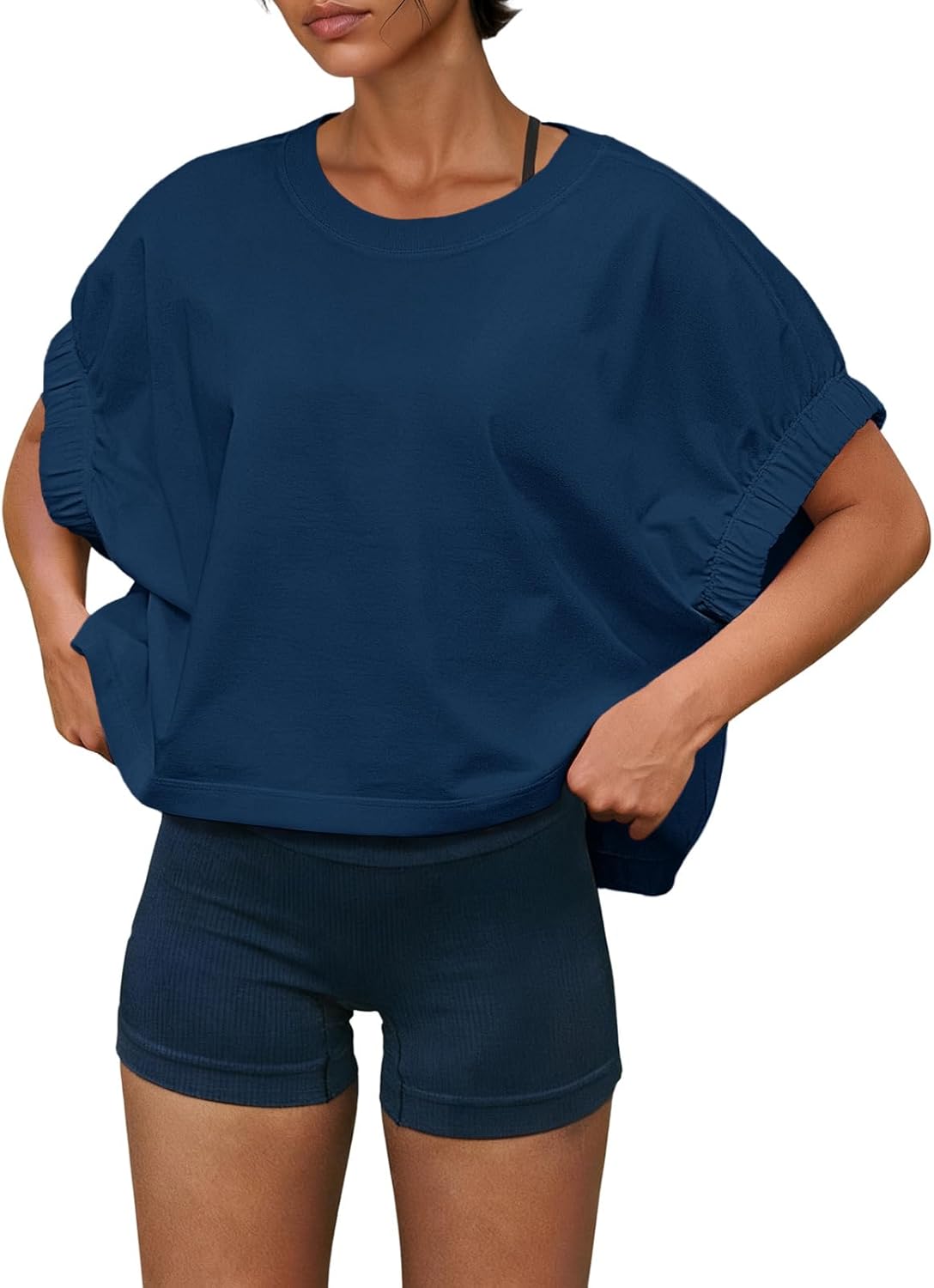 Fisoew Womens Oversized Workout Tops Short Sleeve Elastic Cuff Loose Fit T Shirt Cropped Active Tee Gym Running Shirts