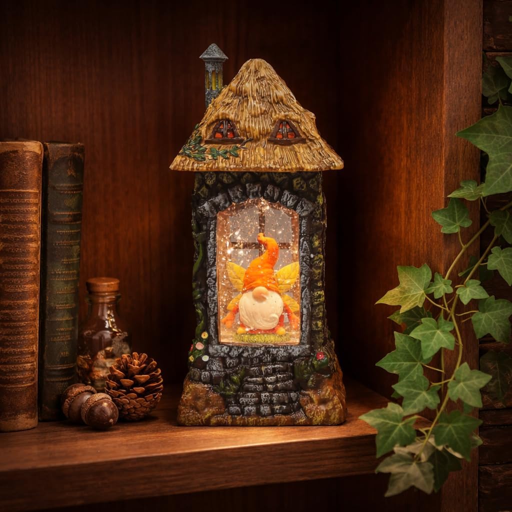 Acrylic Gnome House Lantern LED Light-Up Water Spinning Fall Decoration, Battery Operated Autumn Harvest Home Decor Accent Moments In Time (3 AA Batteries Not Included)