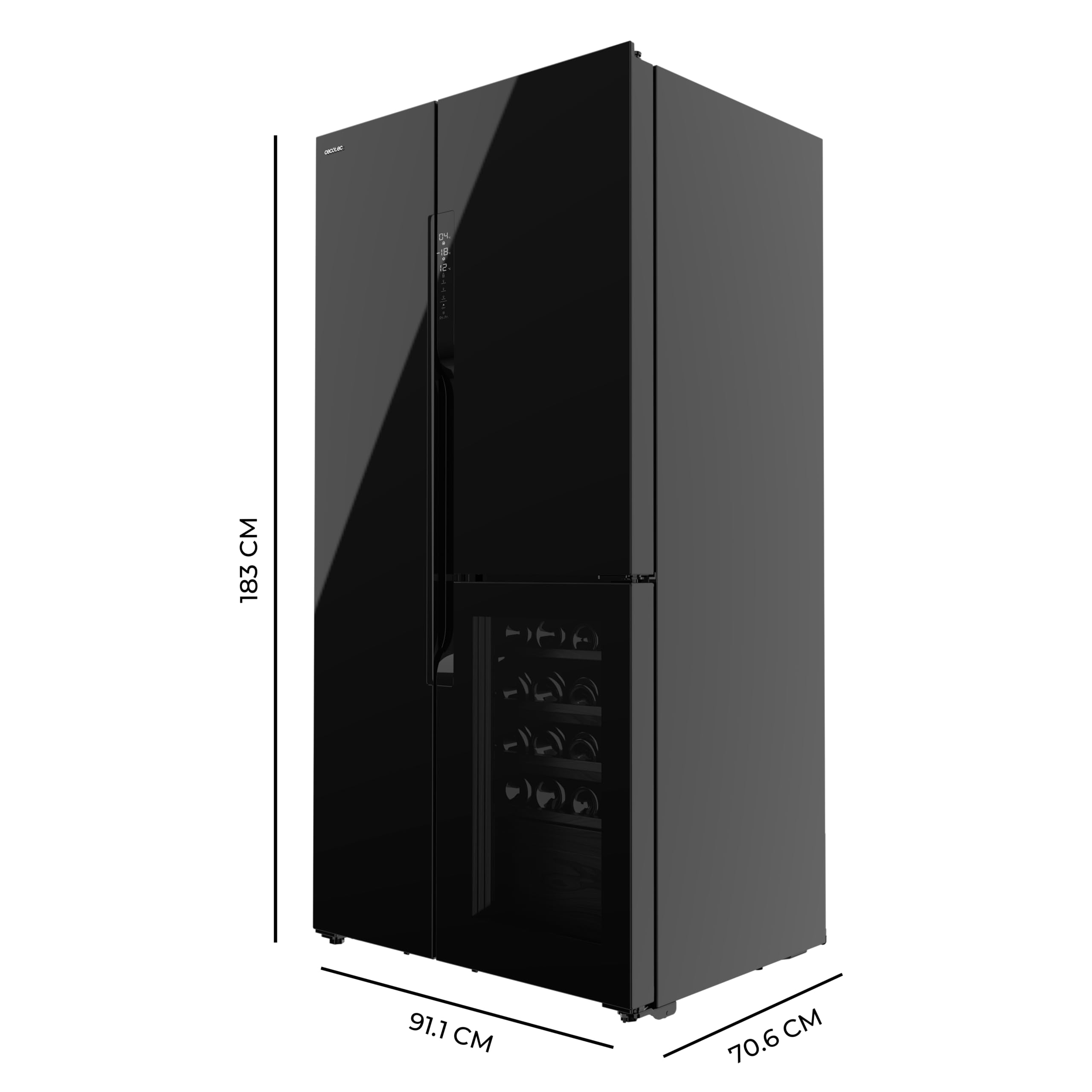 Cecotec Frigorífico 3 puertas Bolero CoolMarket TDW 548 Black Glass E, Clase E, 548 L, Diseño T Door, Compresor Inverter Plus, Total No Frost, Metal Cooling, Multi AirFlow, Fast Cooling & Freezing