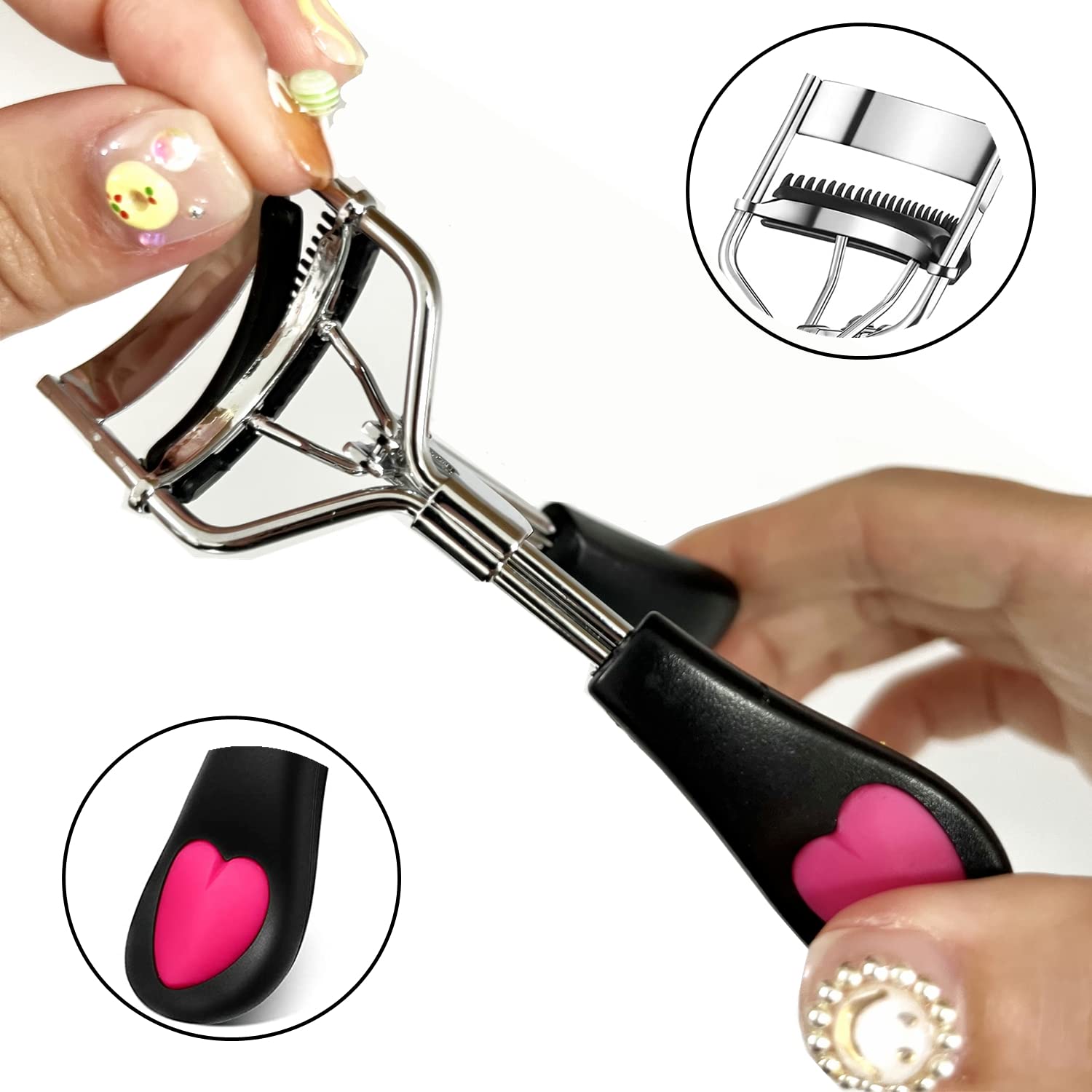 Rizador de pestañas de acero inoxidable con peine integrado, sin dolor, adecuado para cualquier forma y tamaño de ojos, con 5 almohadillas de repuesto de silicona (corazón negro y melocotón)