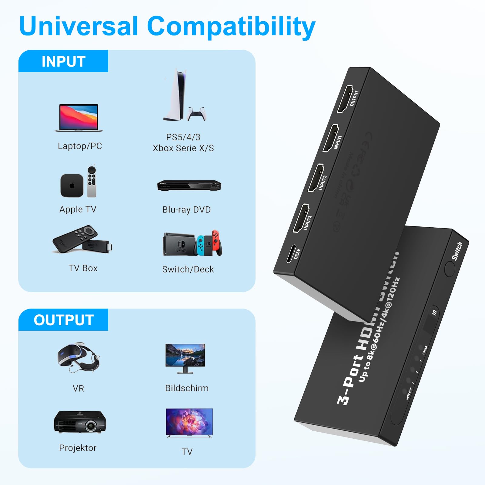 HDMI 2.1 Switch 8k@60hz / 4k@120hz HDMI Splitter 3 en 1 Panneau de Commutation de Sortie Prend en Charge VRR, Dolby Vision, Compatible avec PS5, Xbox, blu-Ray, Lecteur DVD