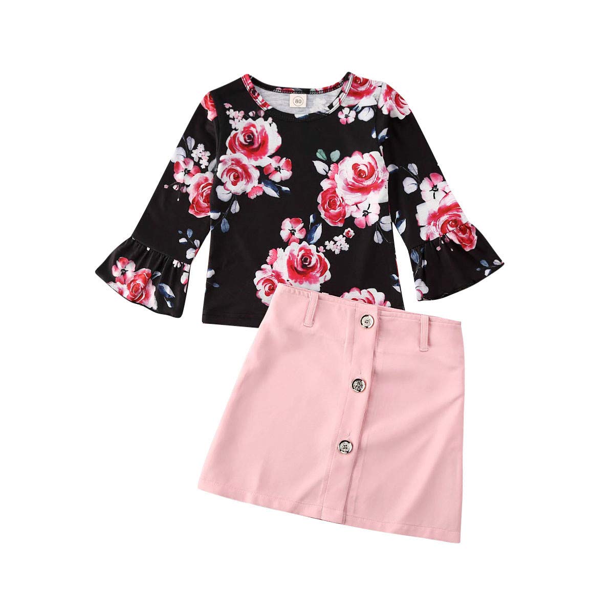 Toddler Baby Girl Clothes Floral Shirt Blouse Tops Mini Pencil Skirt Spring T Shirt Outfit Sets 2PCS (Flower top Pink Skirt, 12-18 Months)