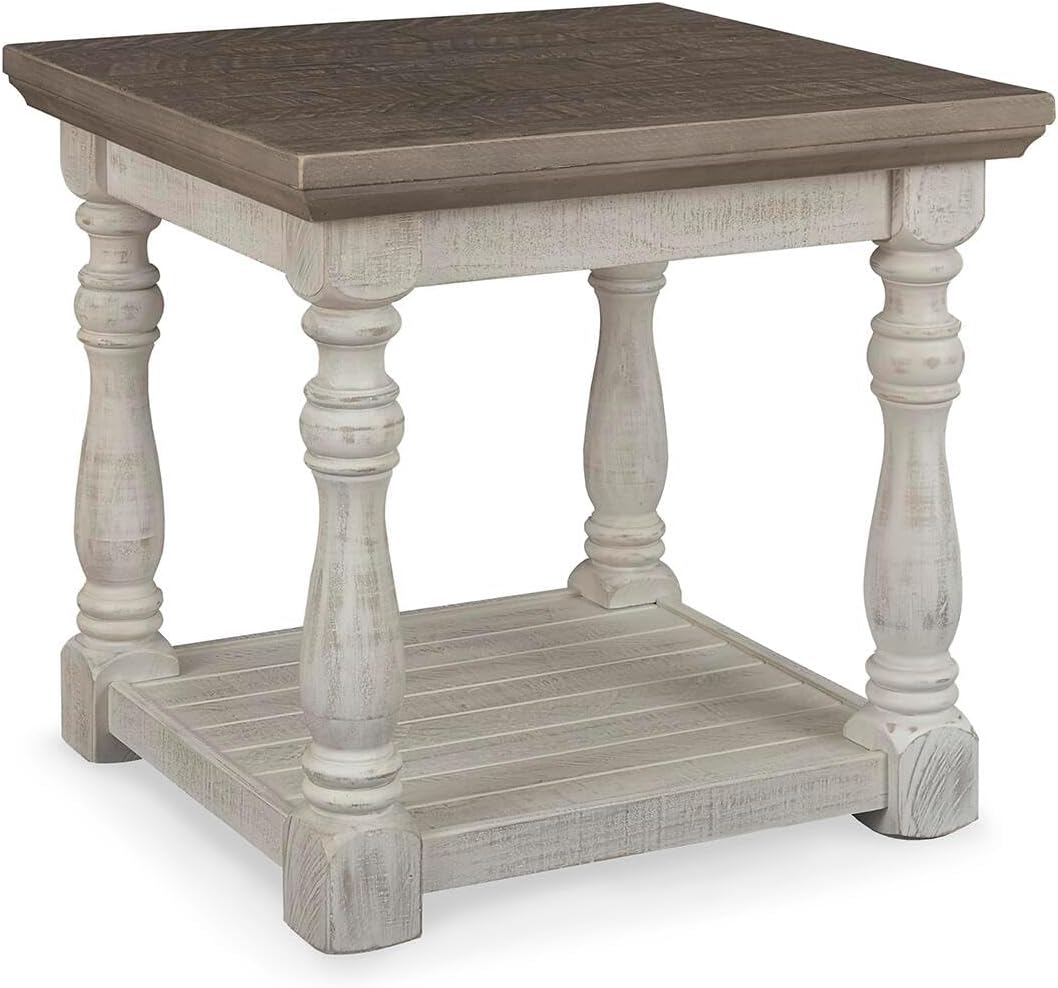 Havalance Farmhouse Rectangular End Table, Floor Shelf, Wood, 26" W x 24.13" D x 24" H, Vintage Gray & White with Weathered Finish