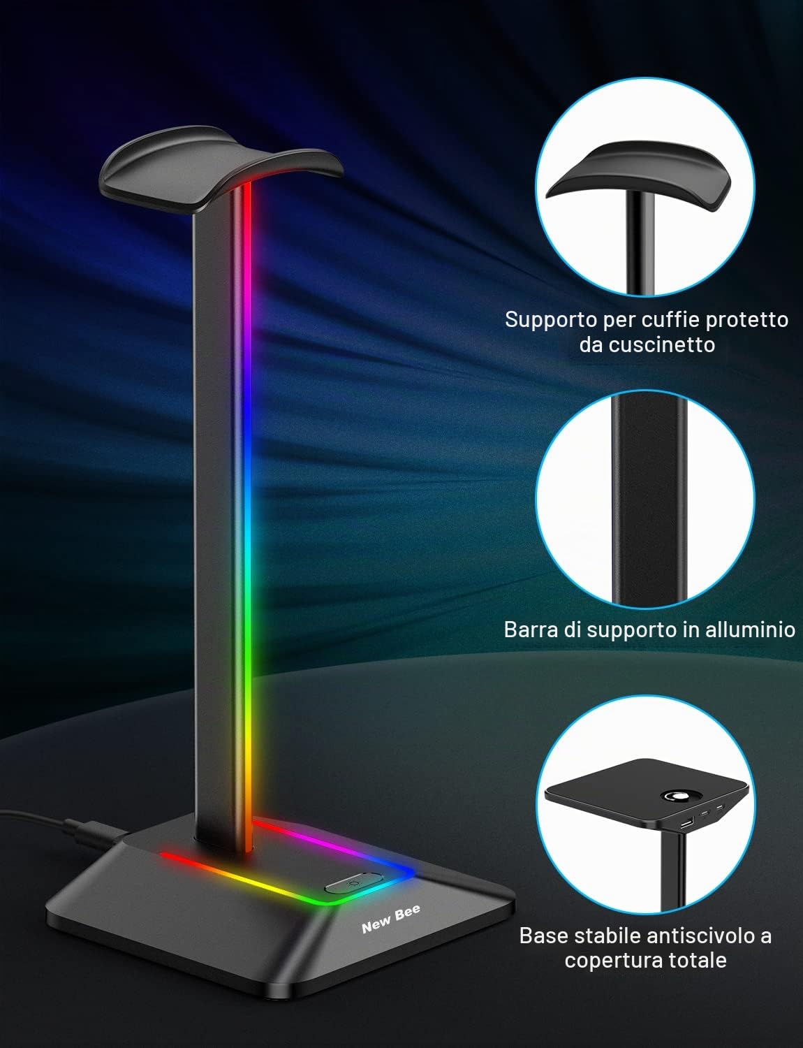Supporto per cuffie RGB New Bee con caricabatterie USB di tipo C e trasferimento dati, universale, per cuffie da gioco, supporto per tutte le cuffie (grafite)