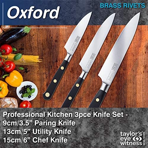 Taylors Eye Witness OXFORD Kitchen 3pce Knife Set - 9cm/3.5 Paring, 13cm/5 Utility, 15cm/6 Chef Knives. Full Tang Blade, Razor Sharp, Stainless Steel. Classic Triple Brass Rivet Handle