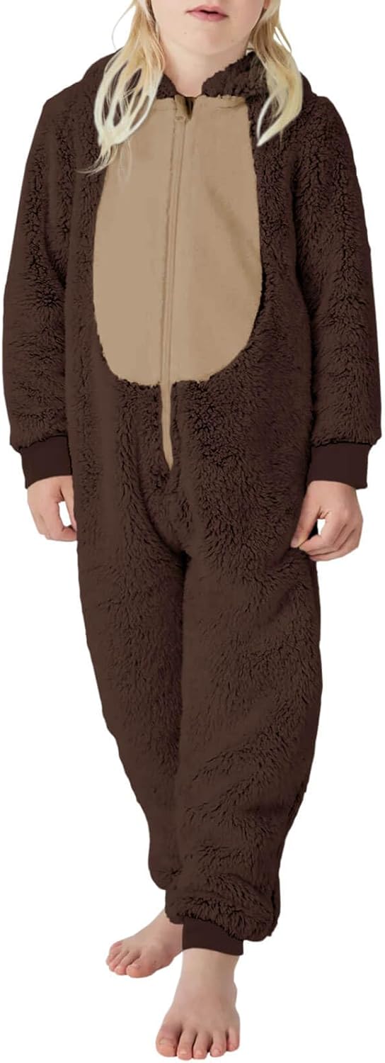 rrhss Boys Pajamas Flannel Hooded Rompers Kids Long Sleeve Zip up Onesies One Piece Sleepwear 5-14Y 7-8 Years Dark Brown