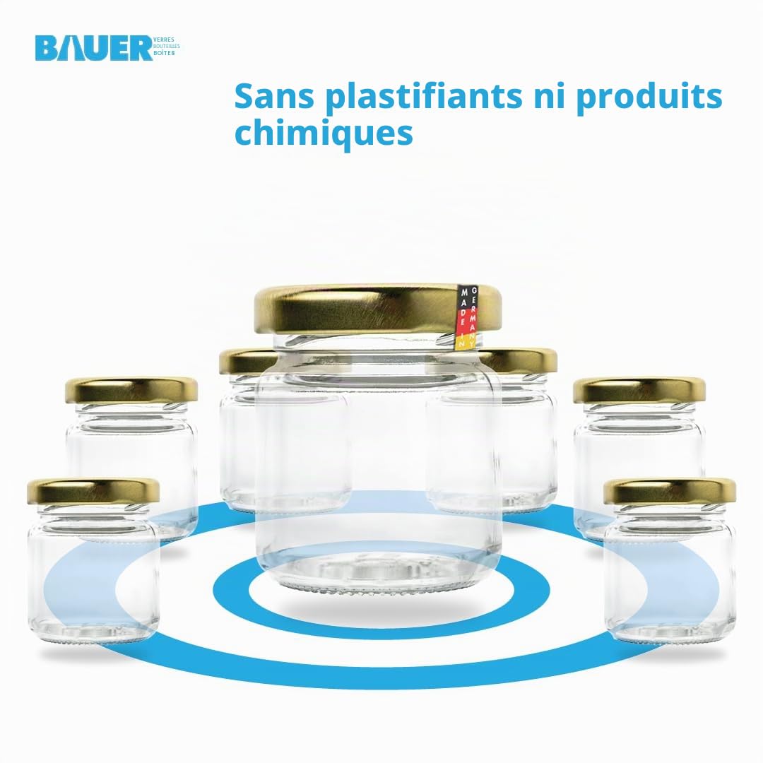 Flaschenbauer - Lot de 96 mini bocaux de conservation de 53 ml - Avec couvercle torsadé doré de 43 mm - Idéal pour la confiture, le miel, les épices, la conservation et les idées cadeaux