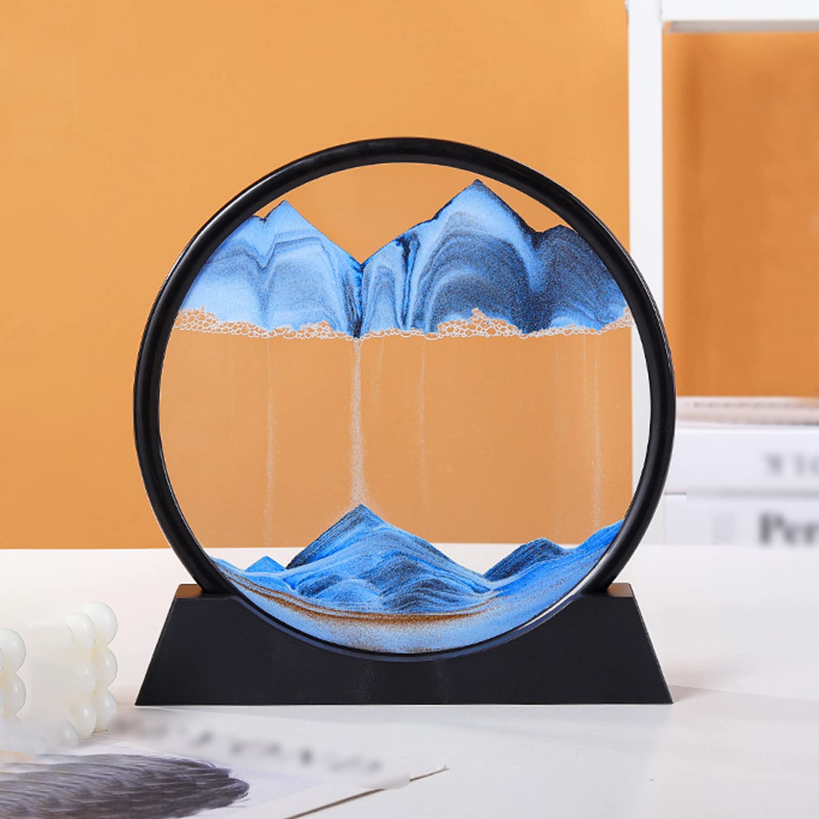 KOMINZZ Moving Sand Art Picture 3D Dynamic Sand Art Round Glass Deep Sea Sandscape Flowing Sand Painting Liquid Motion Relaxing Office Desktop Home Decor Gifts, Black