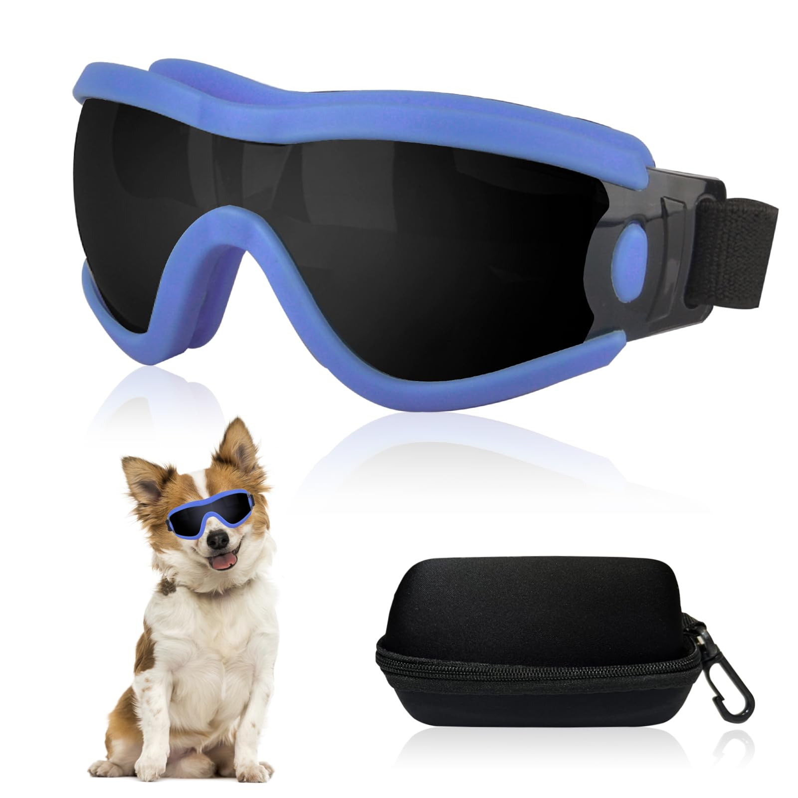 Lunettes de soleil pour chien de petite race réglables monture bleue verres noirs anti-UV