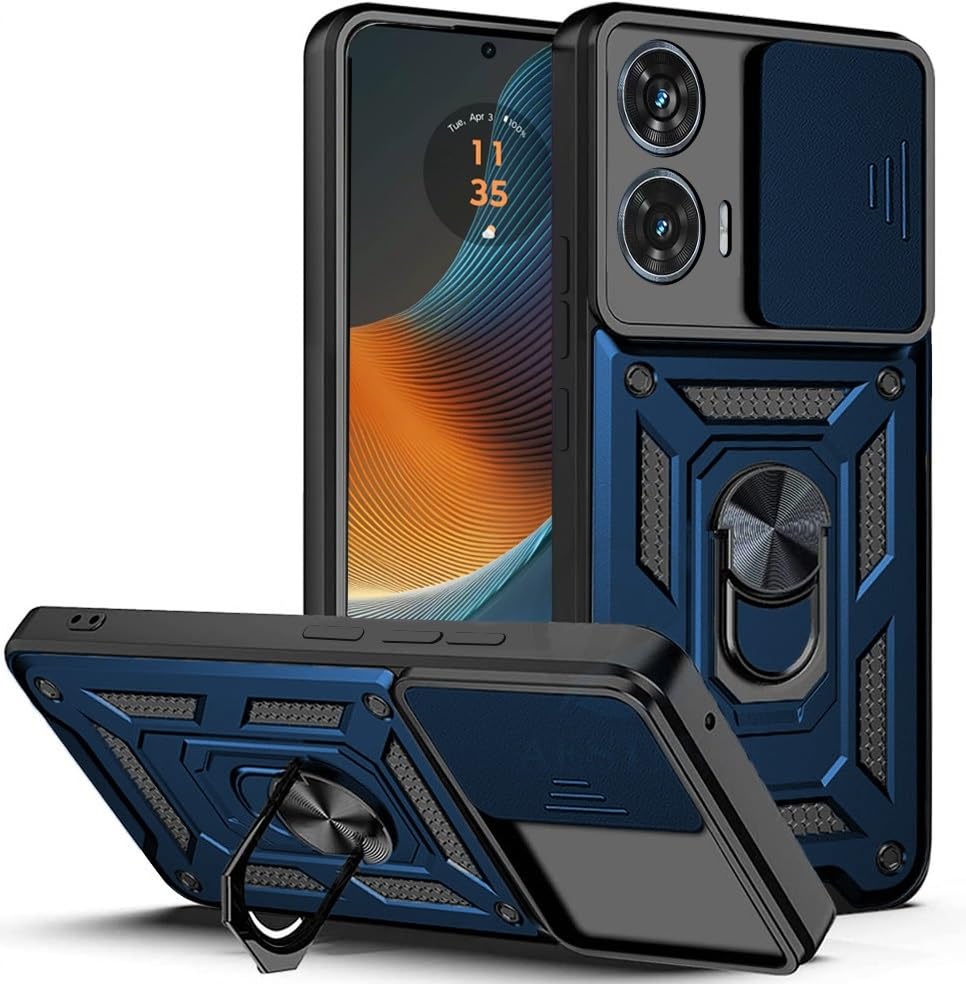 Image of SPAZY CASE Motorola Moto Edge 50 Fusion 5G Back Cover | Heavy Duty Hybrid Case with 360 Degree Rotating Finger Ring Holder + Slider Shutter Camera Protection Case for Moto Edge 50 Fusion 5G - Blue