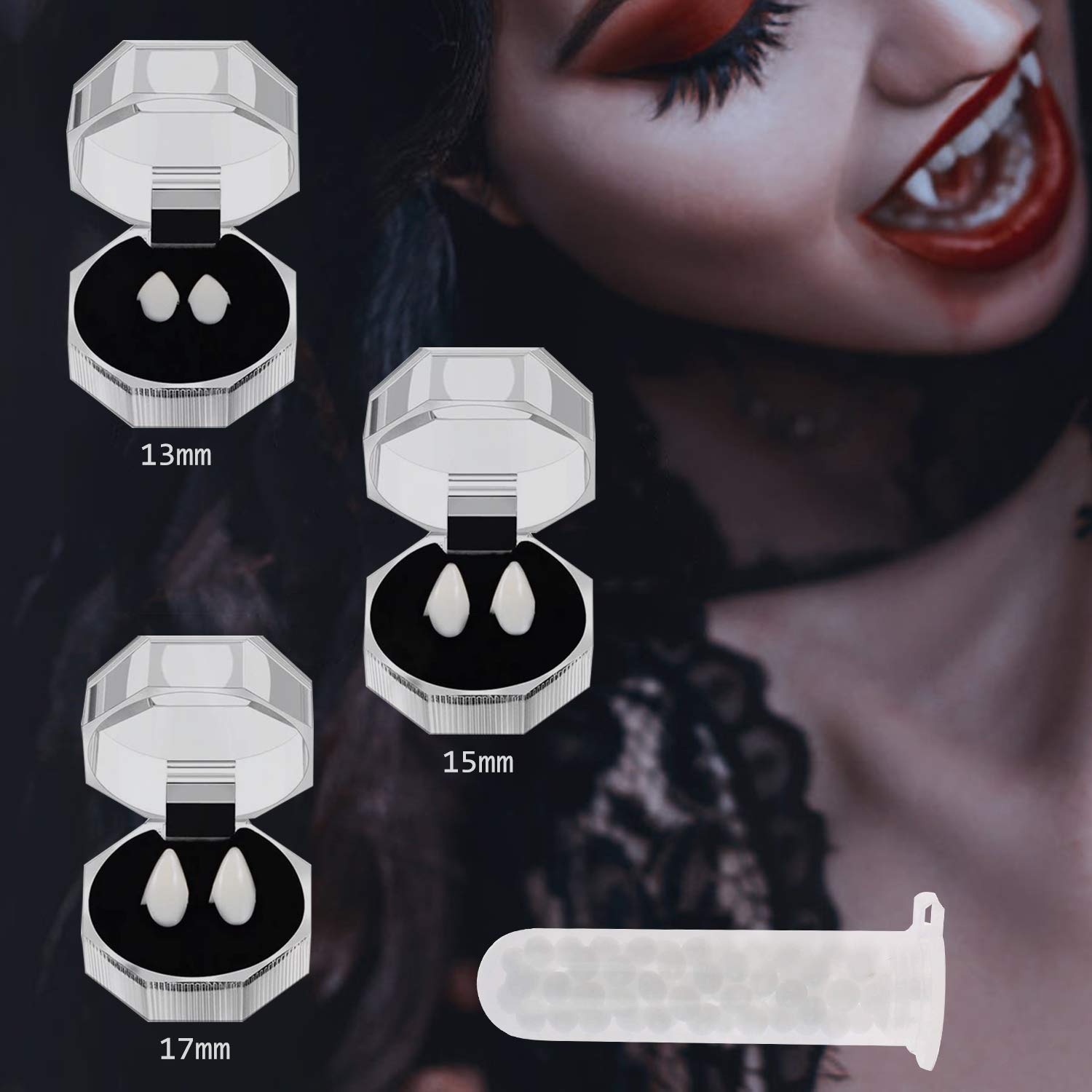 EIRMEON 3 Sizes Vampire Fangs Fake Teeth with Adhesive,Realistic Reusable Vampire Teeth for Halloween Party Cosplay Favors Dress Up Accessories Prop Decoration