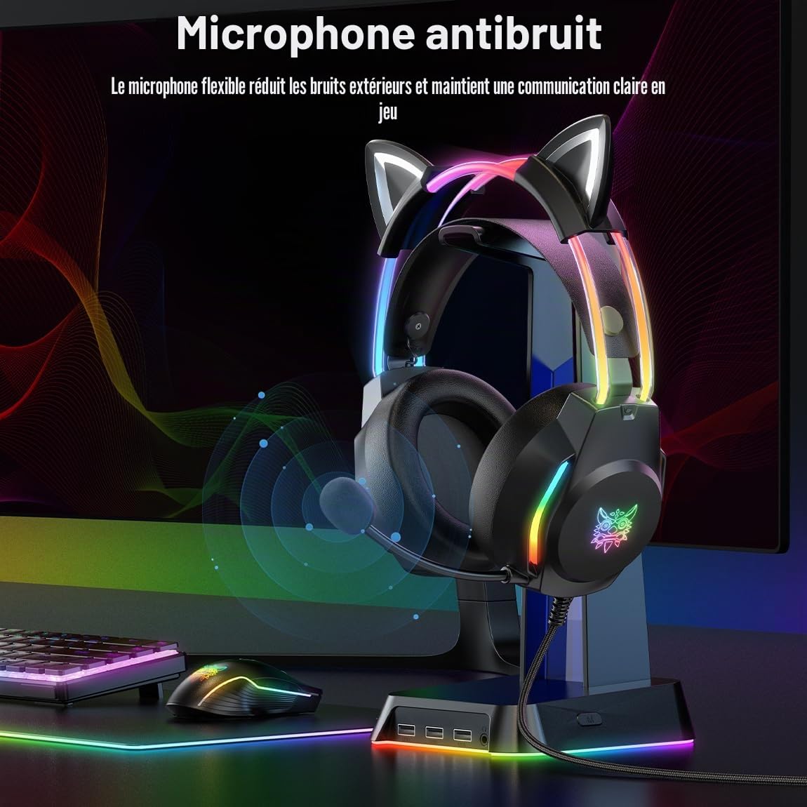 Casque de Jeu avec Oreilles de Chat, rétroéclairage RVB pour PC/PS4/PS5/XBOX/Switch avec Micro antibruit - Son Surround virtuel 7.1, Design léger et Bandeau à réglage Automatique, Noir
