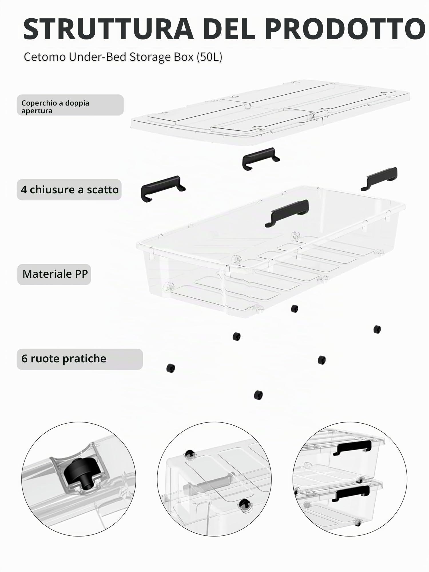 Cetomo 50L*4 Bidone di Stoccaggio con Ruote, Contenitore di Stoccaggio Sotto il Letto con Coperchi a Doppia Apertura, Contenitori in Plastica per Camera da Letto, Impilabili, Trasparente, 50L-4 Pezzi