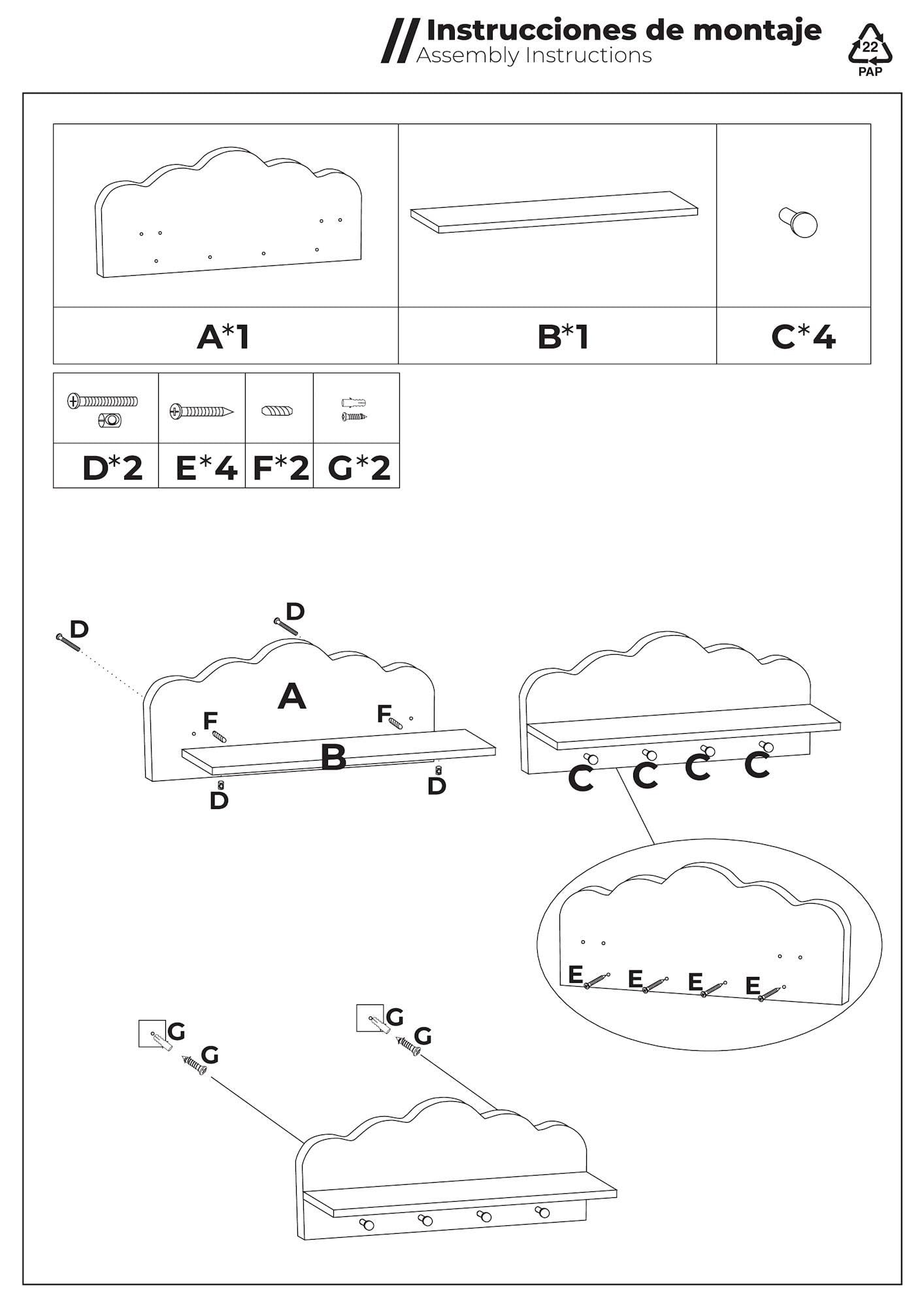 LOLAhome Appendiabiti da parete per bambini design nuvola bianco 48 cm 4 ganci