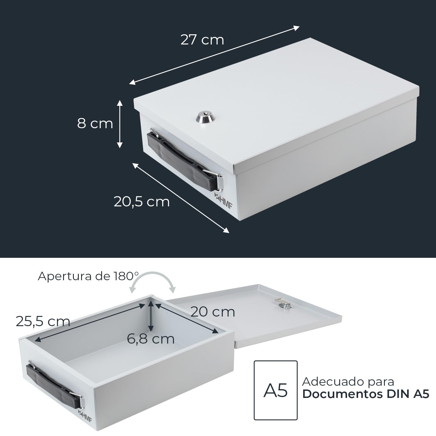 HMF 140-07 Caja de Seguridad para Documentos | 27 x 20,5 x 8 cm | DIN A5 | Gris Claro