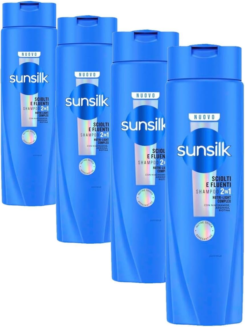 Sunsilk, Shampoo 2in1 Sciolti e Fluenti, Shampoo e Balsamo per Capelli Leggeri e Brillanti, Formula Arricchita con Nutri-Light Complex, 250 ml (Confezione da 4)