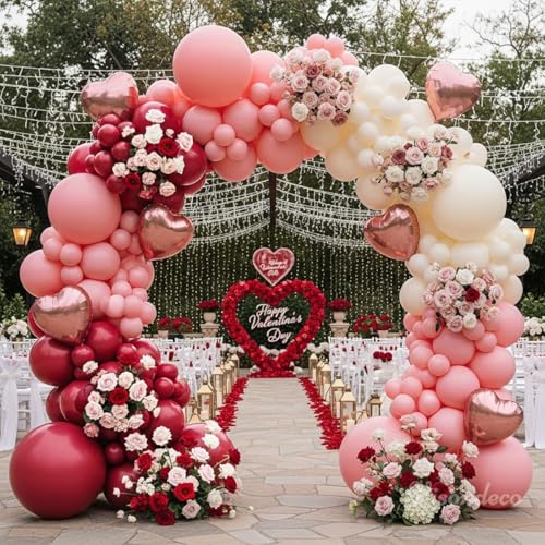 Image of Burgundy Pink Balloon Arch Kit Birthday Decorations, 131 Balloons | 6 Rose Gold Foil Hearts, 5 /12 /18 in Latex, Valentine's Day, Mother's Day, Baby Shower, Proposals, Weddings