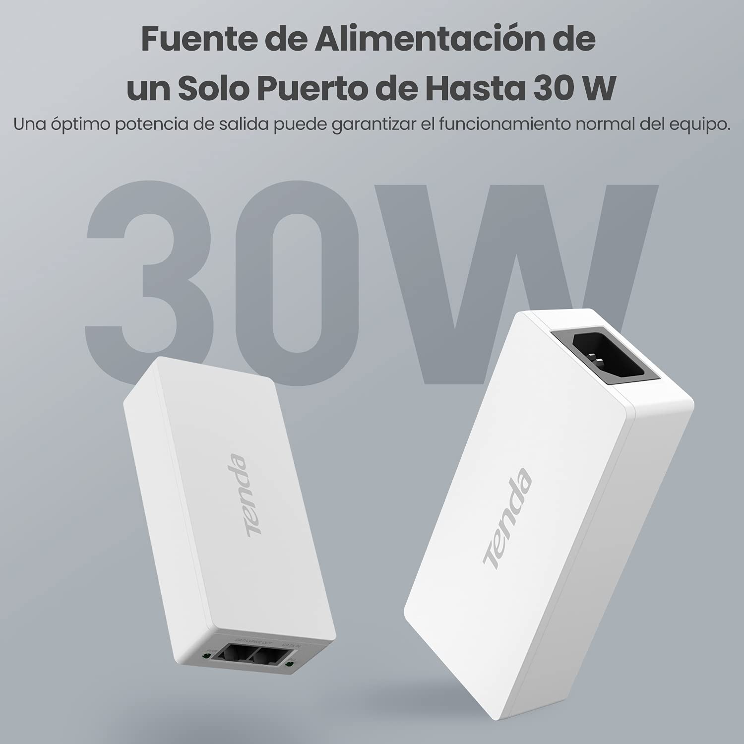 Tenda PoE30G-AT PoE Inyector, Adaptador, Alimentador, 2 Puertos Gigabit RJ45, IEEE 802.3af / at, Plug and Play, Proporciona Energía hasta 100 Metros, 30W, 51V, Blanco