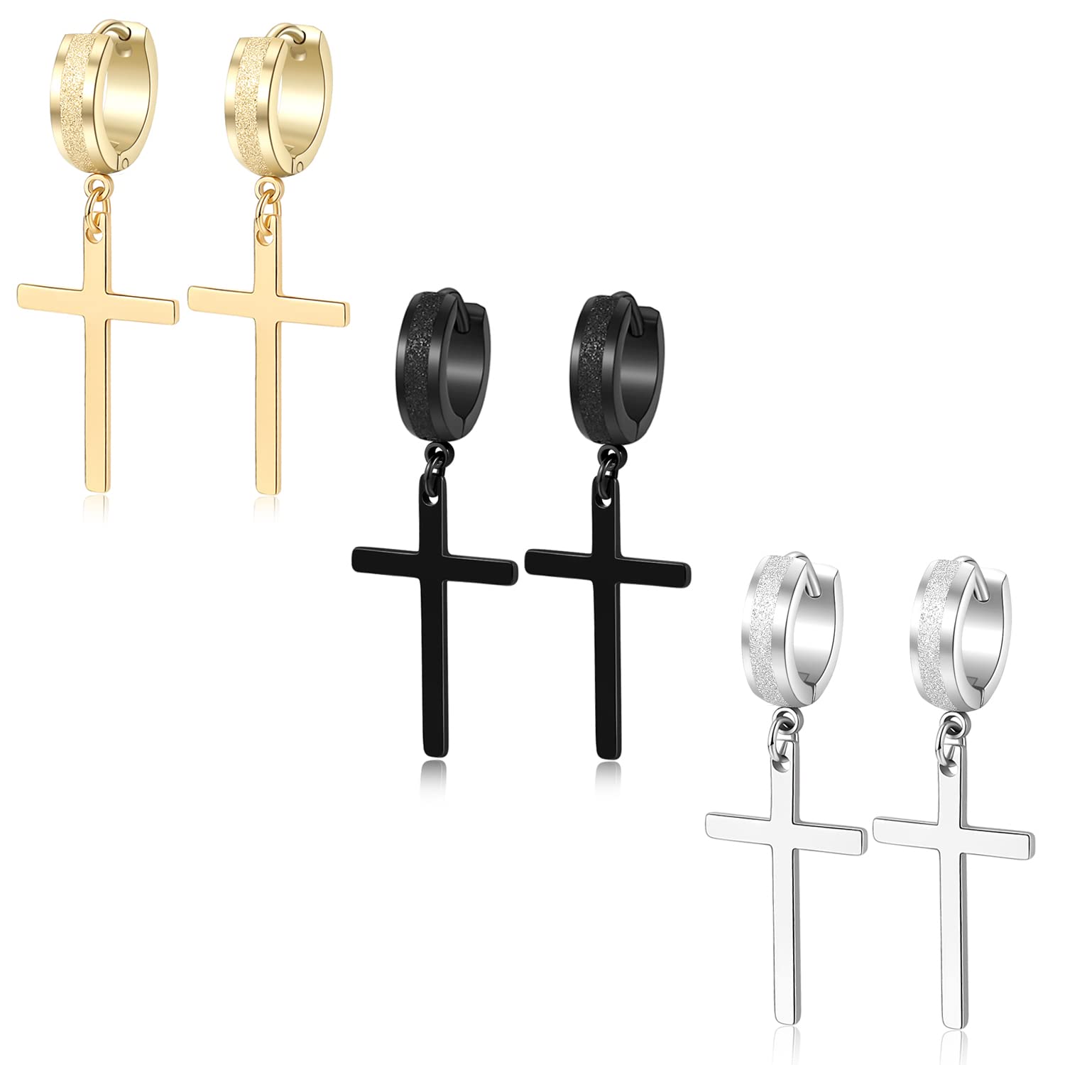 TXPFF Men Women Stainless Steel Cross Earrings Set Dangle Hinged Earrings of Dangle Hinged Earrings Cross hoop Earrings