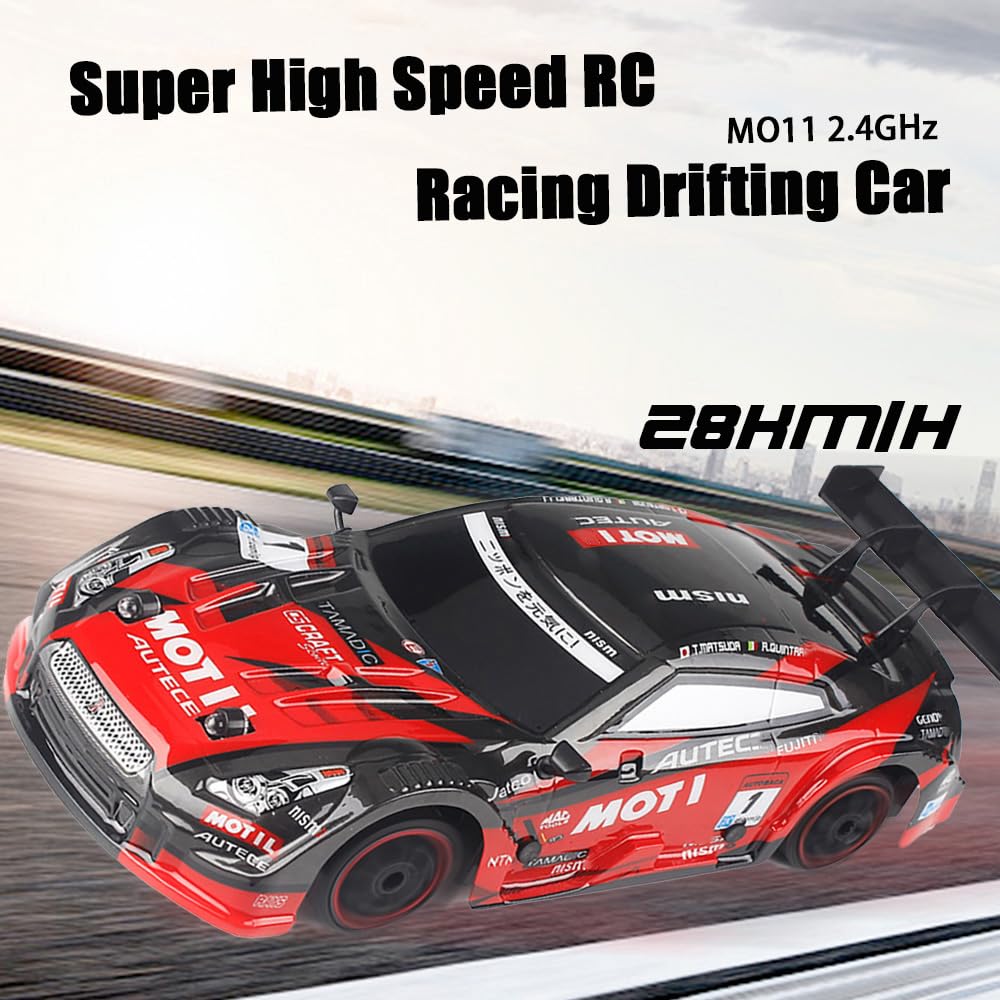 Zdalnie sterowany samochód 40 km/h RC Auto Drift 1/14 4WD 2,4 GHz 30 minut zabawy RTR Prędkość ciągła, oświetlenie LED, wymienne opony wyścigowe, prezenty dla dzieci, czerwone, 2 baterie