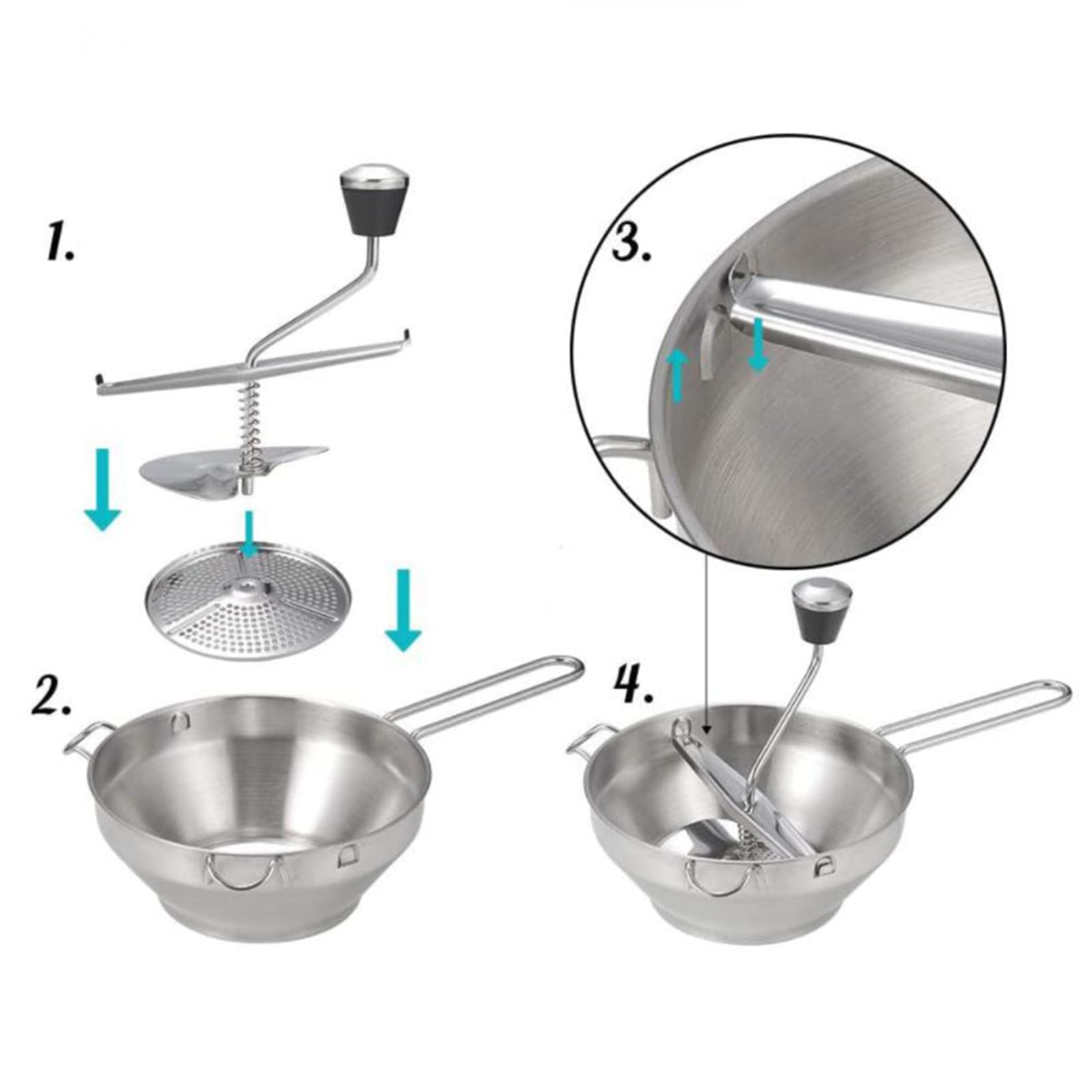 QUTBAG Lebensmittelmühle aus Edelstahl, manueller Marmeladenstampfer mit 3 Mahlscheiben, Kartoffelstampfer mit Anti-Rutsch-Griff, für Tomatensauce, Apfelmus, Püree, Kartoffelpüree