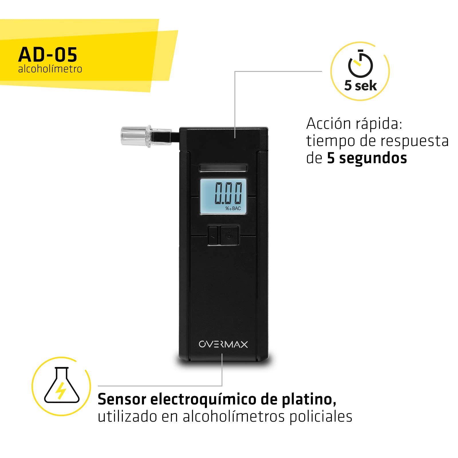 Overmax AD-05 Alkomat Professional, Sensor electroquímico, calibración, Tiempo de Respuesta 5s, Rango 0.00‰ a 2.00‰, 3 boquillas Incluidas, Fuente de alimentación con 2 Pilas AAA