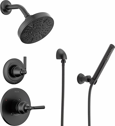 Delta Saylor Sistema de ducha negro mate de 3 ajustes, incluye cabezal de ducha, ducha de mano, mango de ducha, desviador de ducha y kit de válvula