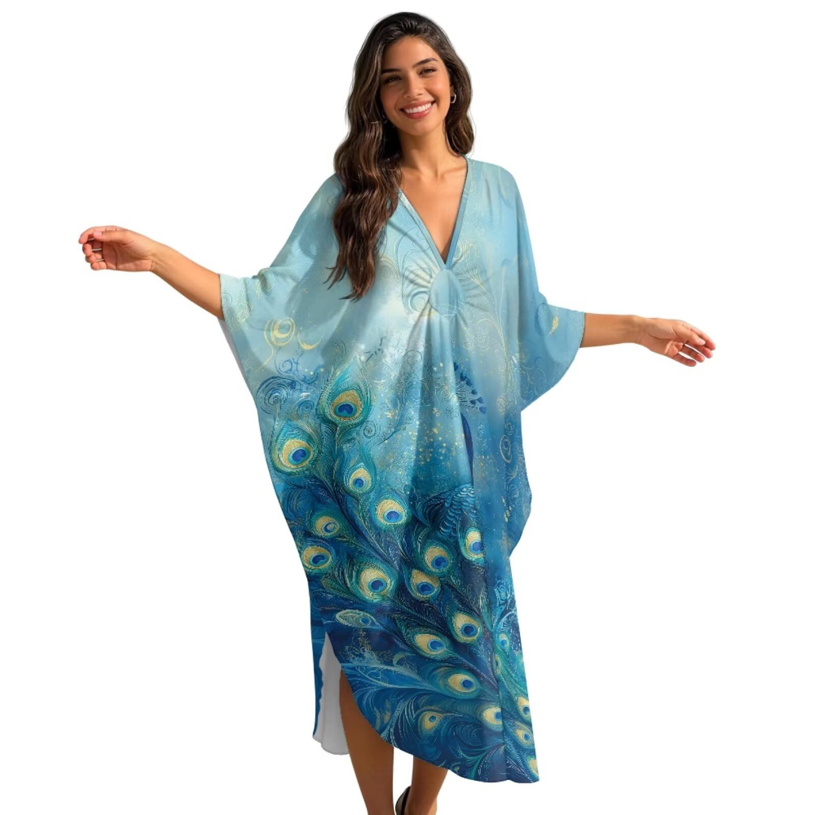 Poceacles Sukienki kaftan dla kobiet z rozcięciami po bokach strój kąpielowy okrycie z nadrukiem kaftan letnia sukienka boho na tropikalne wakacje