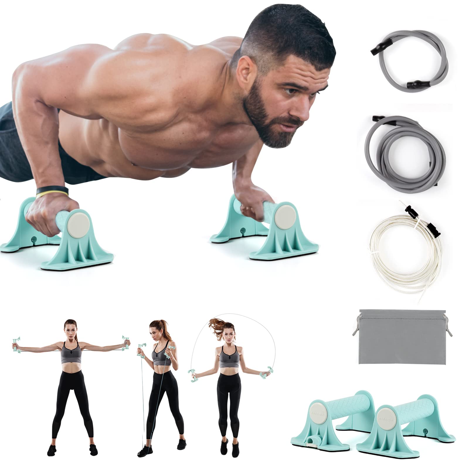 3 in 1 Push Up Bars, Multi-Function Home Gym Workout Equipment with Resistance Bands and Jump Rope, Protable Indoor Outdoor Strength Training Push Up Handle