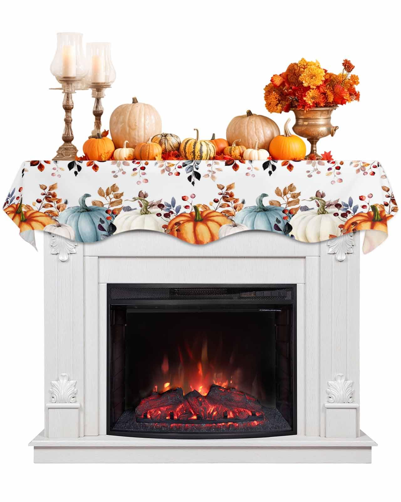 DecorLovee Fall Orange Blue Pumpkins Mantle Scarf 70x17 Inch, Fireplace Thanksgiving Decorations Cover Runner, Vintage Thanksgiving Botanical Fall