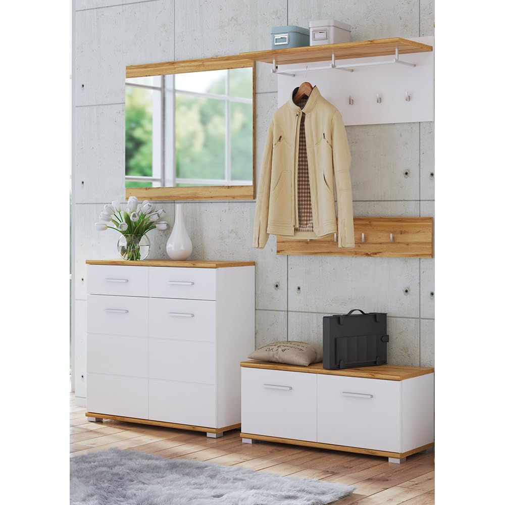 Lomadox Garderoben-Set 5-teilig mit Spiegel und Schuhbank in weiß mit Eiche | Flurgarderobe im modernen Stil