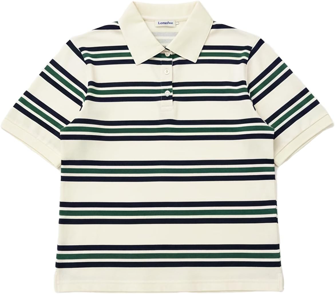 Women Striped Rugby Shirts Y2K Vintage Collared Neck Button Up Cropped Polo Shirts Summer Preppy Grunge Streetwear - Image 7
