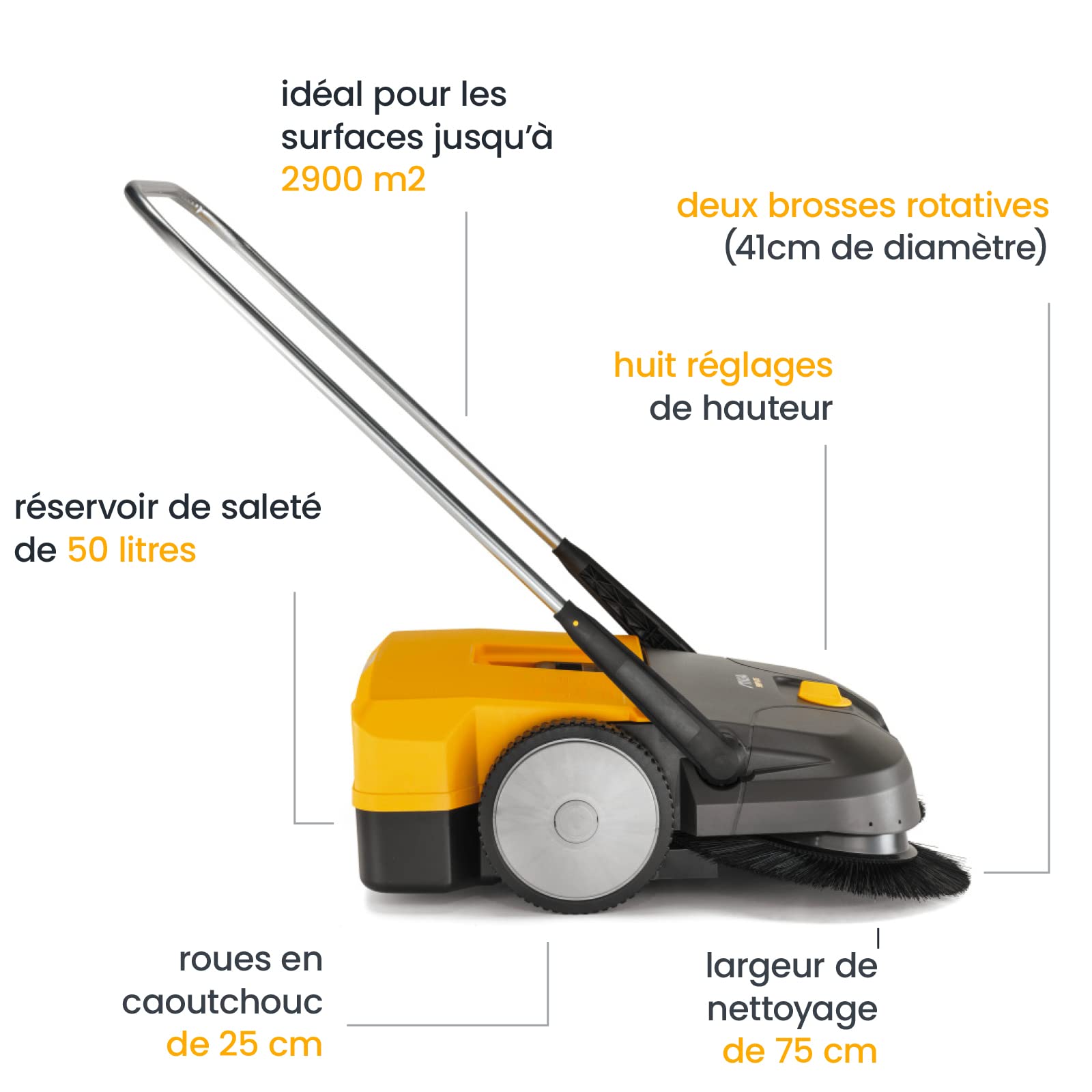 STIGA SWP 475 Balayeuse Poussée, 75 cm, Bac 50 L – Deux Brosses Contrarotatives 41 cm, Réglage 8 Positions – Surfaces Dures Jusqu'à 2 900 m²
