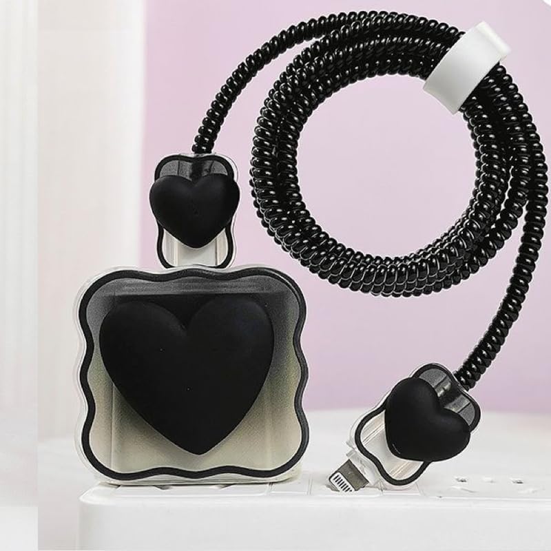 Image of EDNITA Charging Cable Protector with 3D Cute Black Heart Pattern for iPhone 18W & 20W Back Case | Flexible Silicone Cable Saver