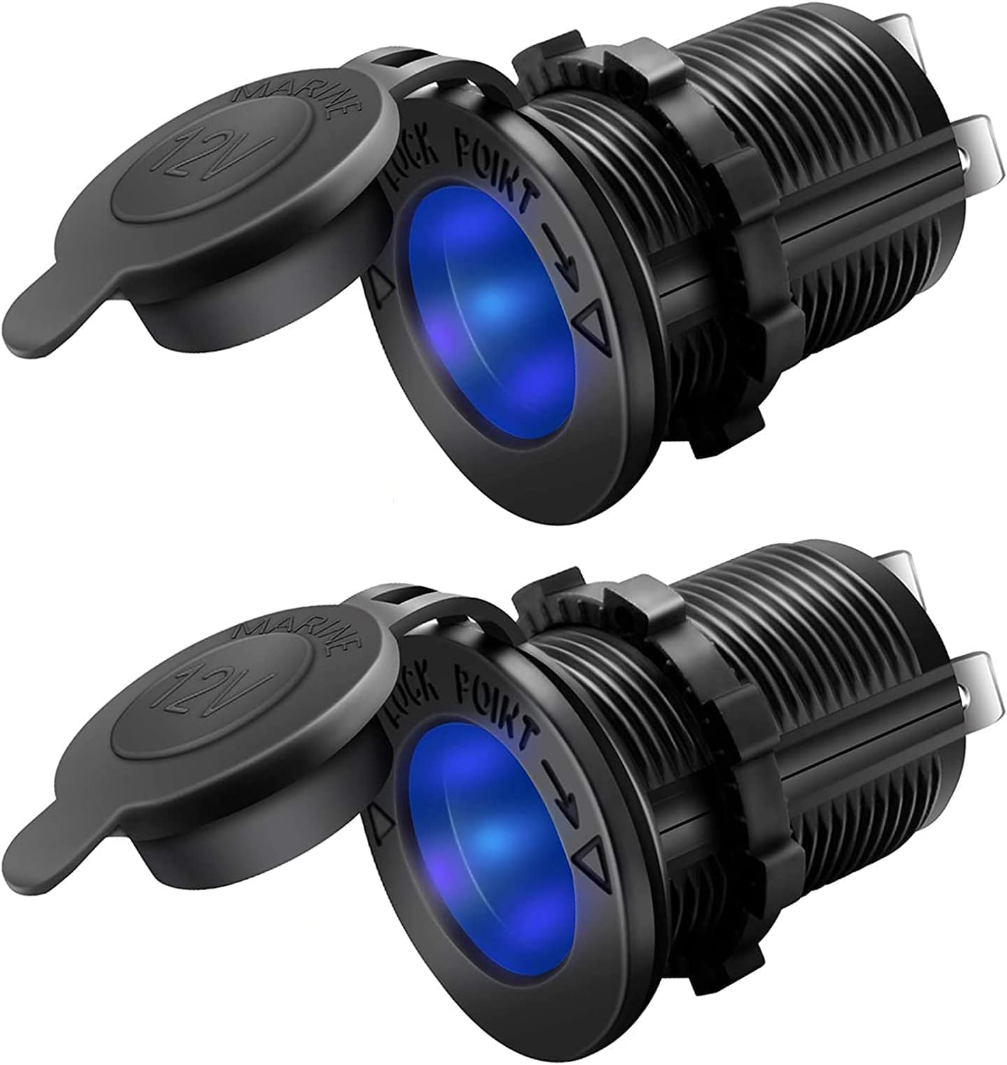 ELECDON 12V/24V Car Cigarette Lighter Socket Replacement with Blue LED for Car Marine Motorcycle Scooter ATV RV and More, Waterproof, Pack of 2 Black Blu Ray