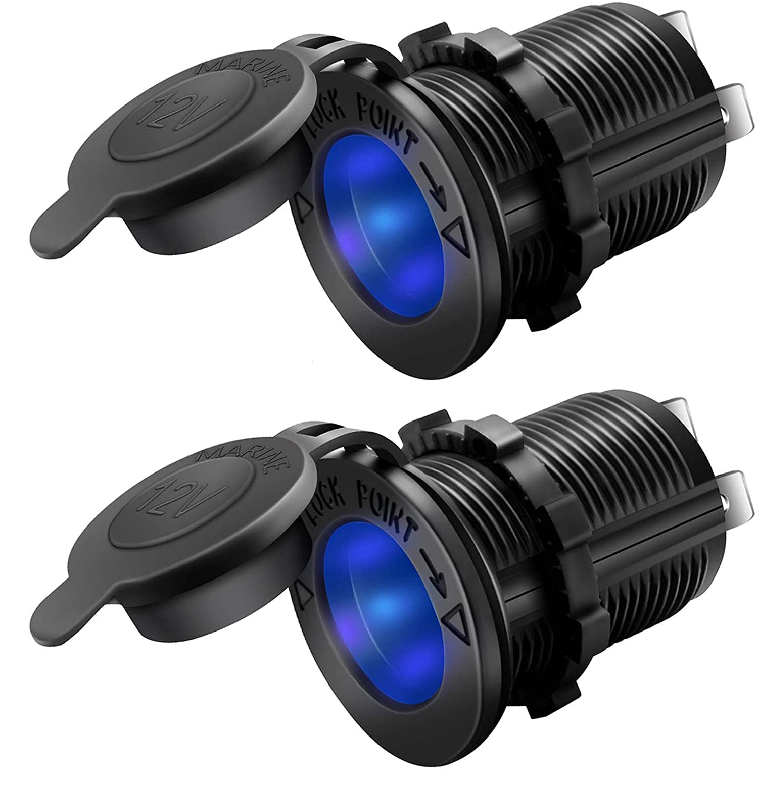ELECDON 12V/24V Car Cigarette Lighter Socket Replacement with Blue LED for Car Marine Motorcycle Scooter ATV RV and More, Waterproof, Pack of 2 Black Blu Ray