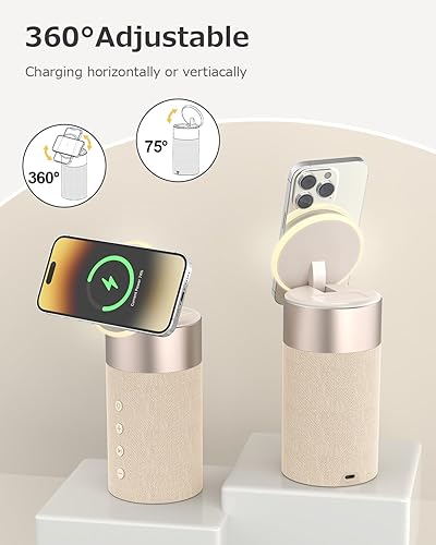 Miniatura 10 de COLSUR Altavoz Bluetooth, cargador inalámbrico magnético, altavoces Bluetooth con luz nocturna, estación de carga inalámbrica 2 en 1 para iPhone